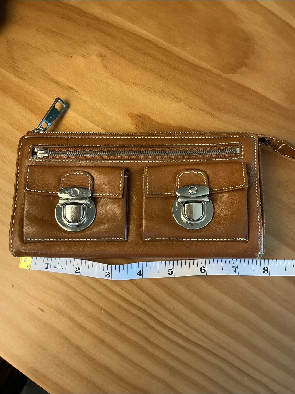 Marc Jacobs Vintage Tan Leather Zip Wallet with Front Buckle Pockets
